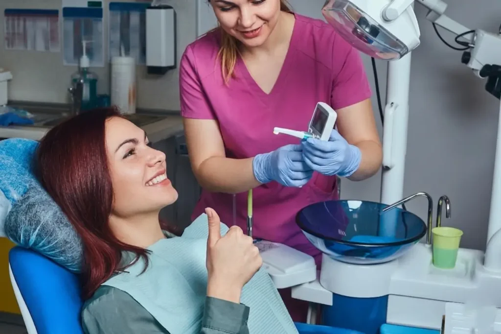 Patient reclined in a dental chair during a 30-minute scale and clean appointment