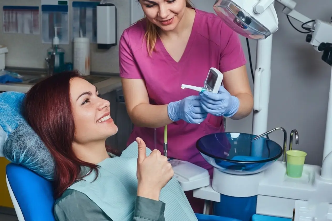 Patient reclined in a dental chair during a 30-minute scale and clean appointment